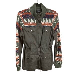 Blu Pepper Olive Green Utility Jacket With Aztec Sweater Details Size M